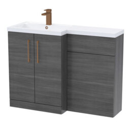 Balterley Left-Hand Bathroom Vanity And Wc Unit Combination With Basin - 1100mm - Woodgrain Anthracite With Brushed Bronze Handles - thumbnail 1