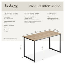 Tectake Desk Flint - Writing, Study, Computer Office Table 120 Cm - Industrial Wood Light, Oak Sonoma - thumbnail 6