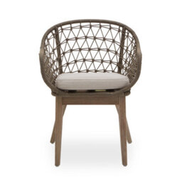 Orsina Rattan Armchair, Airy Single Chair With Grey Cushioning Dining Chair, Wooden Legs Outdoor Chair, Hand-Woven