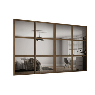 Spacepro Shaker 3 Panel Mirrored Carini Walnut Effect Framed Sliding Wardrobe Door Set Of 4 (H)2220mm (W)2290mm - image 1