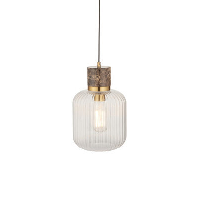 Luminosa Lighting Luminosa Travi Ribbed Slim Pendant Ceiling Light Dark Brown Emperador Marble, Vintage Brass & Clear Ribbed Glass E27 - image 1