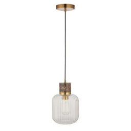 Luminosa Lighting Luminosa Travi Ribbed Slim Pendant Ceiling Light Dark Brown Emperador Marble, Vintage Brass & Clear Ribbed Glass E27 - thumbnail 6