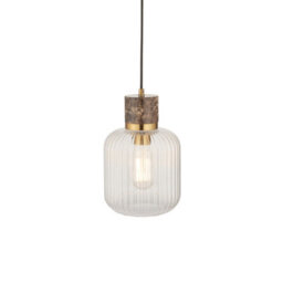 Luminosa Lighting Luminosa Travi Ribbed Slim Pendant Ceiling Light Dark Brown Emperador Marble, Vintage Brass & Clear Ribbed Glass E27 - thumbnail 1