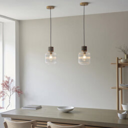 Luminosa Lighting Luminosa Travi Ribbed Slim Pendant Ceiling Light Dark Brown Emperador Marble, Vintage Brass & Clear Ribbed Glass E27 - thumbnail 2