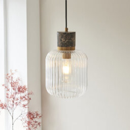 Luminosa Lighting Luminosa Travi Ribbed Slim Pendant Ceiling Light Dark Brown Emperador Marble, Vintage Brass & Clear Ribbed Glass E27 - thumbnail 3