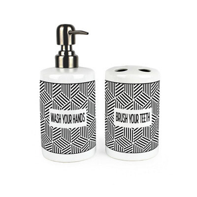 Purely Home Geometric Bathroom Set - Refillable Ceramic Soap Dispenser & Toothbrush Holder - image 1
