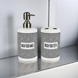 Purely Home Geometric Bathroom Set - Refillable Ceramic Soap Dispenser & Toothbrush Holder - thumbnail 2