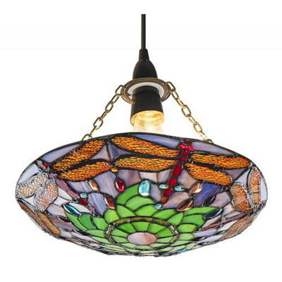 Happy Homewares Traditional Multi-Coloured Dragonfly Tiffany Glass Pendant Shade - image 1