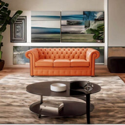 Chesterfield 3 Seater Shelly Firestone Orange Leather Sofa Bespoke In Classic Style - thumbnail 2