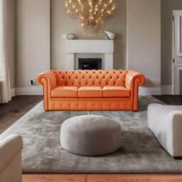 Chesterfield 3 Seater Shelly Firestone Orange Leather Sofa Bespoke In Classic Style - thumbnail 3