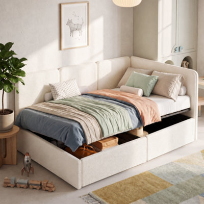 Modernluxe 3Ft Single Bed, 90X190 Cm, Daybed, Reversible Left Or Right, Hydraulic Lift Storage Bed Frame, Bouclé, Beige - image 1