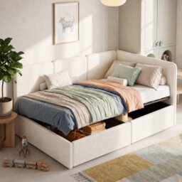 Modernluxe 3Ft Single Bed, 90X190 Cm, Daybed, Reversible Left Or Right, Hydraulic Lift Storage Bed Frame, Bouclé, Beige - thumbnail 1