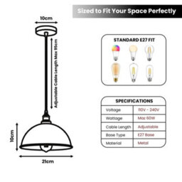 Ledsone Vintage Pendant Light - Brushed Copper Metal Ceiling Lamp, E27 Easy Fit - thumbnail 3