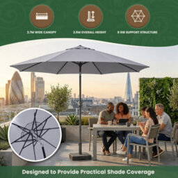 Garden Market Place 2.7M Wide Grey Garden Parasol Umbrella With Tilt And Crank, 180G Fade Resistant Polyester Canopy With Wind Vent - thumbnail 7
