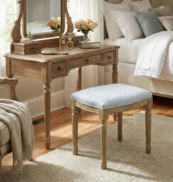 Aspect Furniture French Style Belle Dressing Table Stool ,white Washed Wood,grey Cushion - thumbnail 1