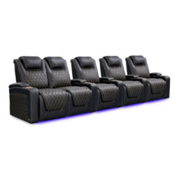 Valencia Oslo Ultimate Luxury Edition Home Theater Seating Row Of 5 Loveseat Left Onyx Gold Stitching