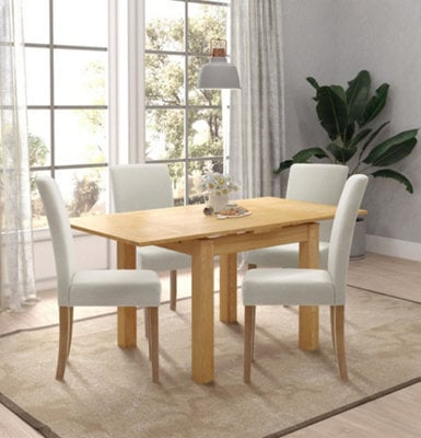 Hallowood Furniture Waverly Oak Small Extending Table With 4 Upholstered Beige Chair With Oak Legs - image 1