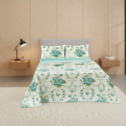 Soft Floral Brushed Cotton Fitted Flat Sheet And Matching Pillowcases Blue - thumbnail 1