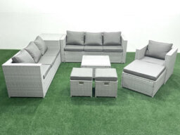 Fimous Wicker Pe Rattan Sofa Garden Furniture Set Armchair Square Coffee Table 3 Stools Side Table Light Grey - thumbnail 2