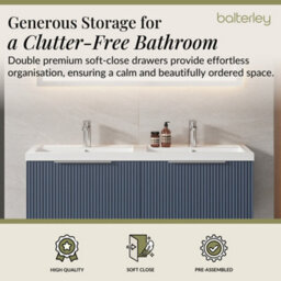 Balterley Fluted Wall Hung 2 Drawer Vanity Basin Unit With Double Polymarble Basin 1200mm - Satin Blue - thumbnail 3