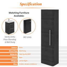 Plum&clay Emery Wall Hung Textured Black Tall Bathroom Cabinet With Nickel Bar Handle (H)120Cm (W)35Cm - thumbnail 5