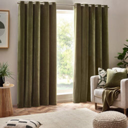 Yard Heavy Chenille Velvet Room Darkening Eyelet Curtain Pair Olive (W)117Cm X (D)183Cm