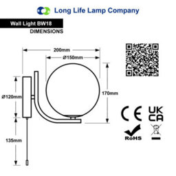 Long Life Lamps Company Modern Indoor Brass Wall Light Frosted Glass Globe With Pull Switch Bw18 - thumbnail 2