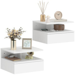 Homcom Modern Nightstand Set Of 2, Wall Mounted Bedside Cabinet, White - thumbnail 2