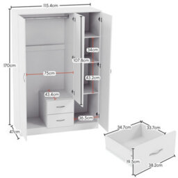 Lassic Vida Designs Riano 3 Piece Bedroom Set (1 Drawer Bedside Chest, 4 Drawer Chest, 3 Door 2 Drawer Mirrored Wardrobe), White - thumbnail 3