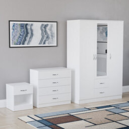 Lassic Vida Designs Riano 3 Piece Bedroom Set (1 Drawer Bedside Chest, 4 Drawer Chest, 3 Door 2 Drawer Mirrored Wardrobe), White