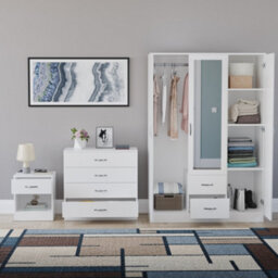 Lassic Vida Designs Riano 3 Piece Bedroom Set (1 Drawer Bedside Chest, 4 Drawer Chest, 3 Door 2 Drawer Mirrored Wardrobe), White - thumbnail 2