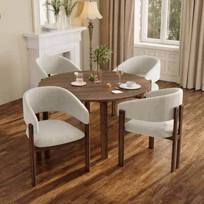 Btm Set Of 4 Metal Dining Chairs, Linen Upholstery, Walnut Finish, For Home And Café - image 1