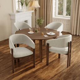 Btm Set Of 4 Metal Dining Chairs, Linen Upholstery, Walnut Finish, For Home And Café