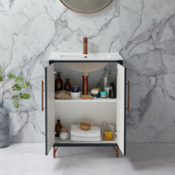 Homestylestore Anthracite 610mm Bathroom Vanity Unit With Basin And Brushed Copper T Bar Handle - thumbnail 2