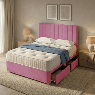 "Adore Designs Portland Plush Velvet Divan Bed, 50"" Headboard - 4Ft6 Double - Pink - 4 Drawers" - image 1