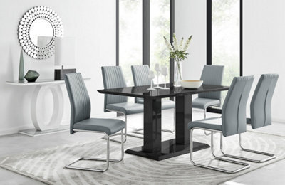 Furniturebox Imperia Black High Gloss 6 Seater Dining Table With Structural 2 Plinth Column Legs 6 Grey Faux Leather Lorenzo Cantilever Chairs - image 1