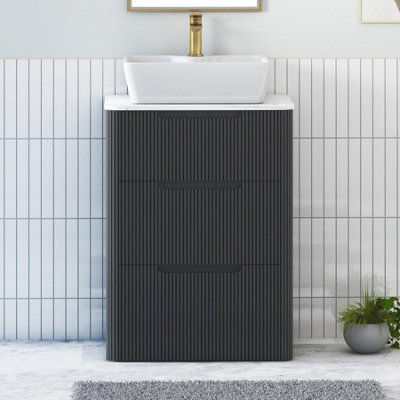 Royal Bathrooms Avenza 600mm Matt Obsidian Black Floor Standing Countertop Bathroom Vanity Unit 3 Drawer With Cube Basin - image 1
