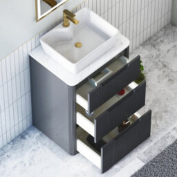 Royal Bathrooms Avenza 600mm Matt Obsidian Black Floor Standing Countertop Bathroom Vanity Unit 3 Drawer With Cube Basin - thumbnail 5