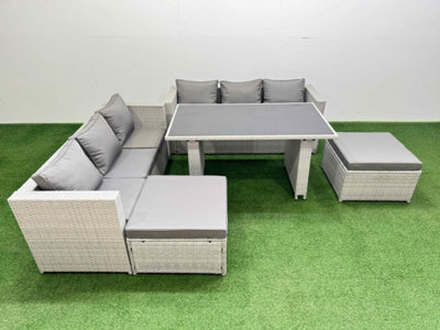 Fimous Rattan Garden Furniture Dining Set 8-Seater Patio Rectangular Table Sofa Set With 2 Big Stools Light Grey - image 1