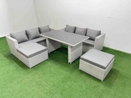 Fimous Rattan Garden Furniture Dining Set 8-Seater Patio Rectangular Table Sofa Set With 2 Big Stools Light Grey - thumbnail 2