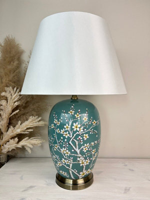 Downton Interiors Teal Blossom Ceramic Table Lamp With Plain Shade - image 1