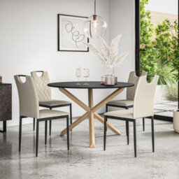 More4Homes Malvern Round Dining Table And Chairs -  Black Table Top W Solid Oak Legs + Monza Fabric Dining Chair Set Of 4 (Beige) - thumbnail 1