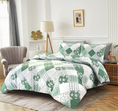 Homes & Linen Green Eloise Patchwork Floral Duvet Cover Set Soft Polycotton Reversible Bedding With Pillowcases