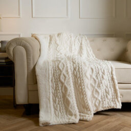 OHS Cable Knit Blanket Sherpa Fleece Plush Supersoft Warm Throw, Cream - 130 X 160Cm - thumbnail 1