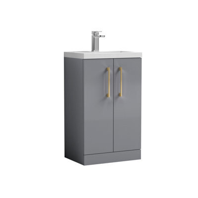 Balterley Bramshall Compact Bathroom Cloakroom Vanity Basin Unit With Polymarble Basin, Brushed Brass Handles, 500mm, Satin Grey - image 1