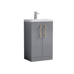 Balterley Bramshall Compact Bathroom Cloakroom Vanity Basin Unit With Polymarble Basin, Brushed Brass Handles, 500mm, Satin Grey