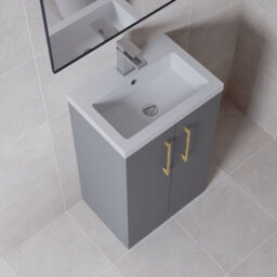 Balterley Bramshall Compact Bathroom Cloakroom Vanity Basin Unit With Polymarble Basin, Brushed Brass Handles, 500mm, Satin Grey - thumbnail 3
