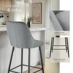 Tectake Bar Stool Siera With Backrest, Padding And Soft Fabric - Woven Fabric Grey/black, Set Of 2 - thumbnail 4