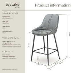 Tectake Bar Stool Siera With Backrest, Padding And Soft Fabric - Woven Fabric Grey/black, Set Of 2 - thumbnail 6