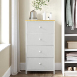 Dresser Drawer Chest, Bedroom Storage Unit, Cloth Dresser With 4 Fabric Drawers, Metal, For Wardrobe, White And Oak